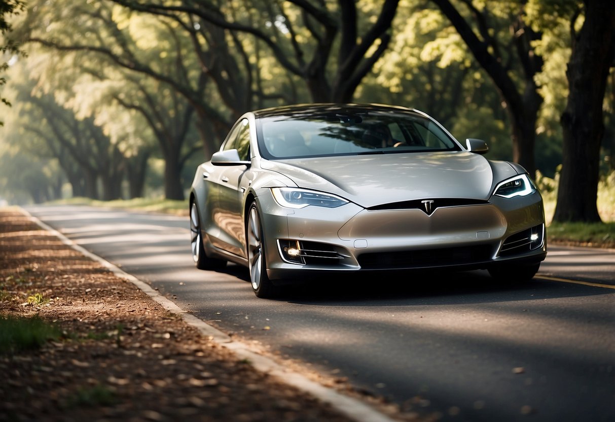 A sleek Tesla Model S adorned with wedding decor speeds down a tree-lined road, trailing ribbons and flowers in its wake