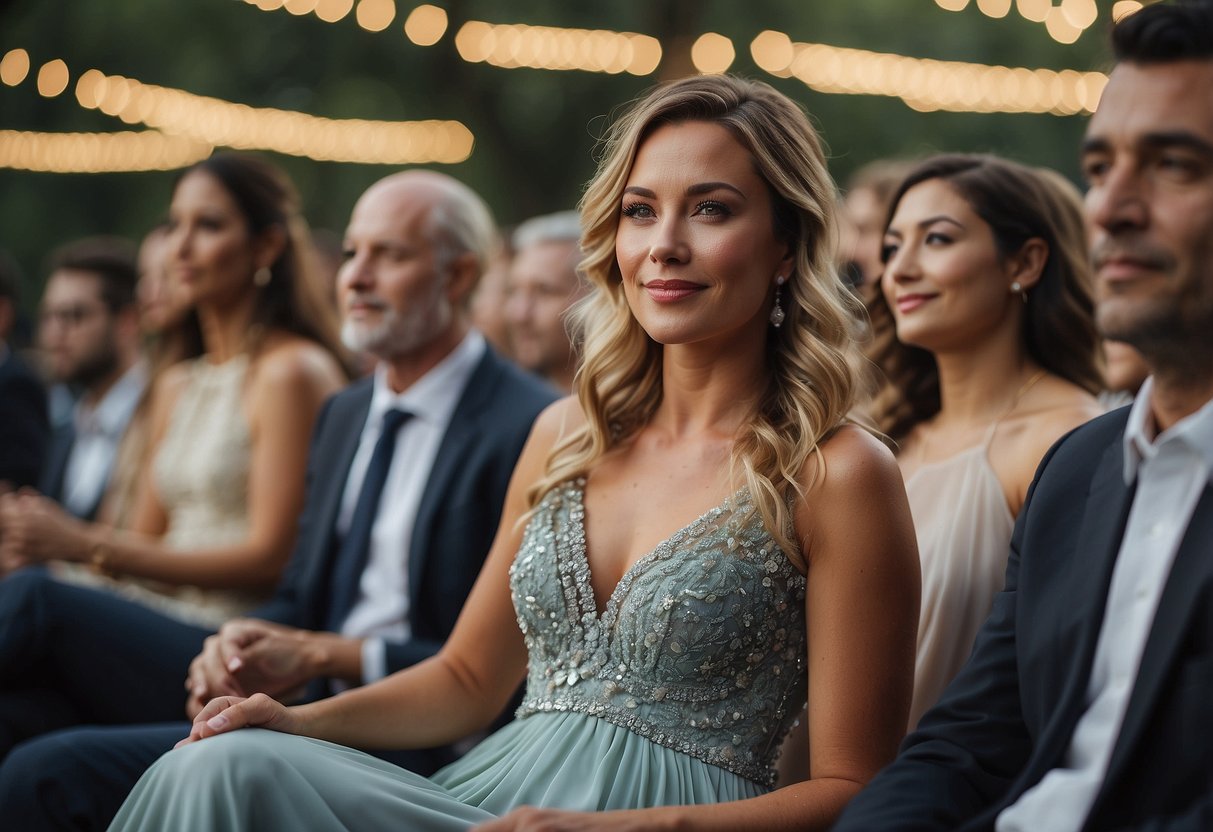 A woman in a flowing gown takes her seat in the front row at a wedding ceremony