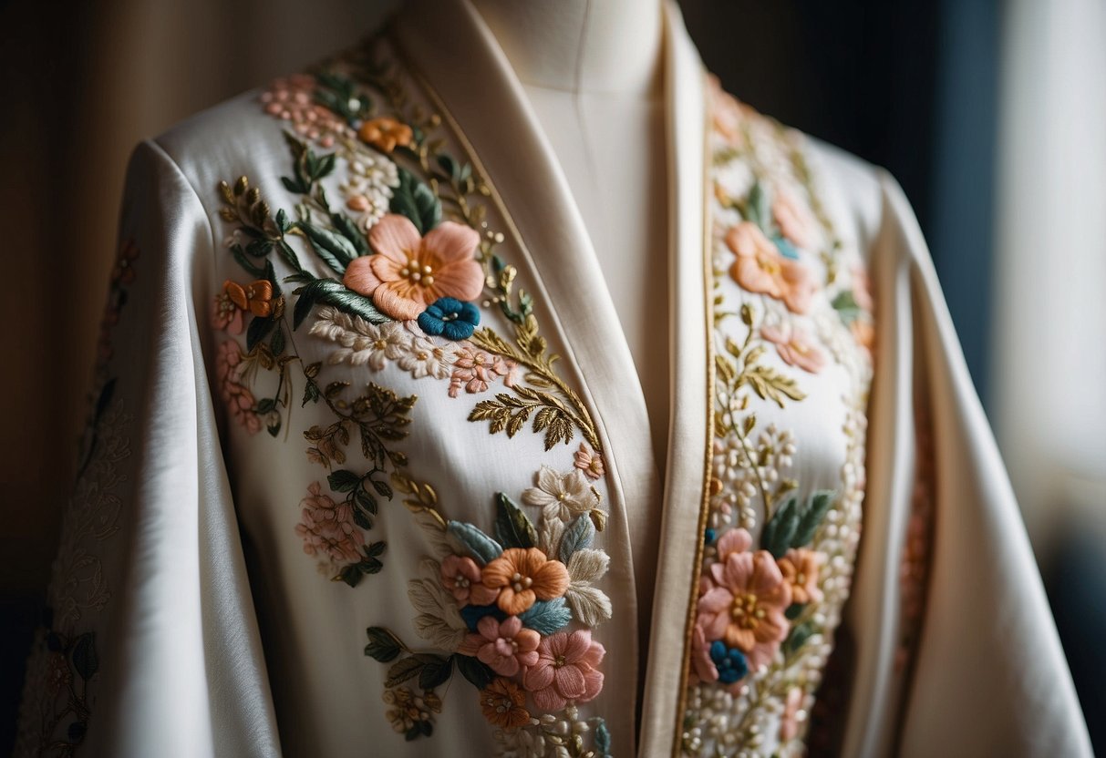 A kimono wedding dress jacket adorned with intricate embroidery, featuring delicate floral patterns and elegant silk fabric