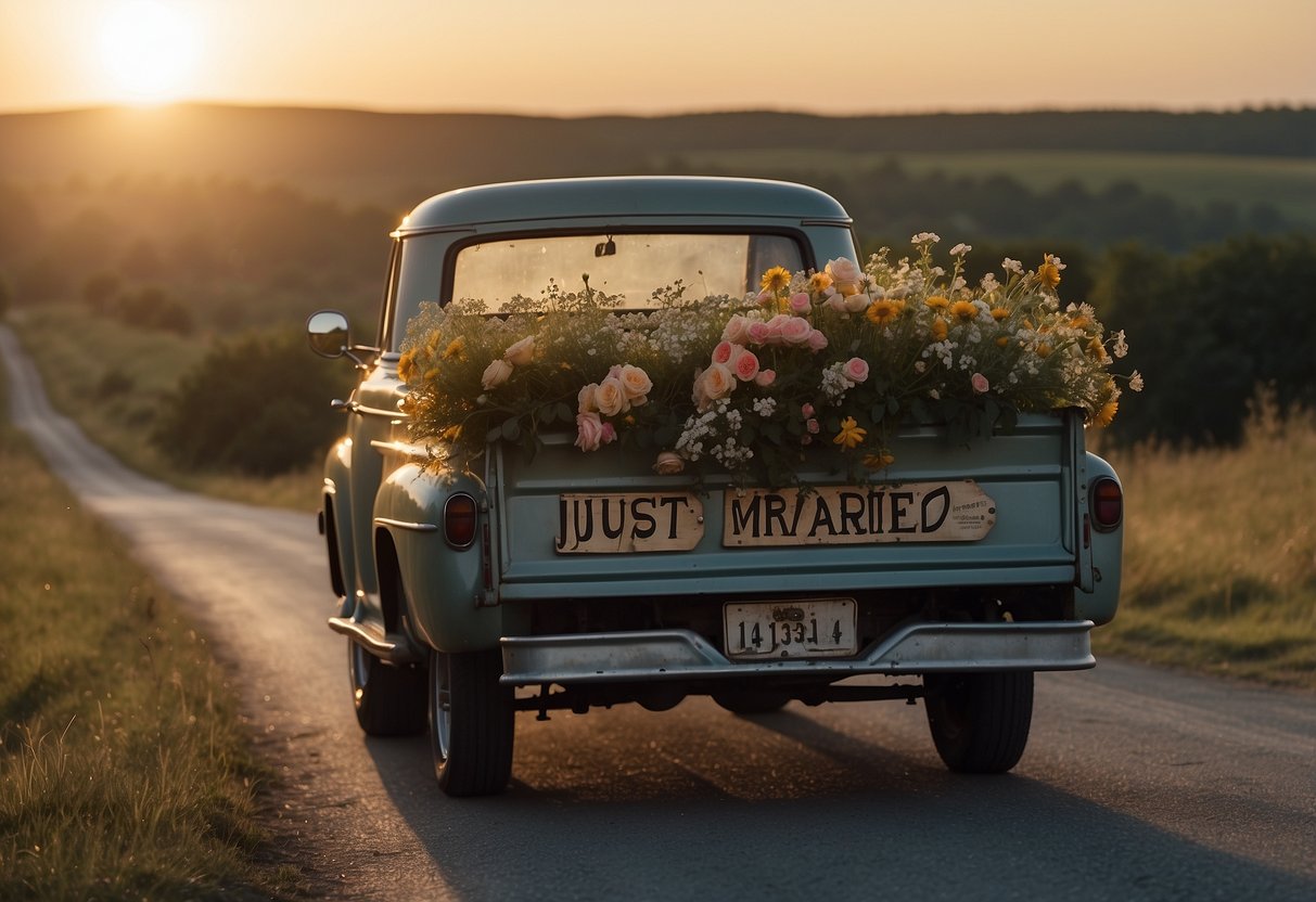 A vintage truck adorned with flowers, tin cans, and "Just Married" sign drives off into a sunset over a country road