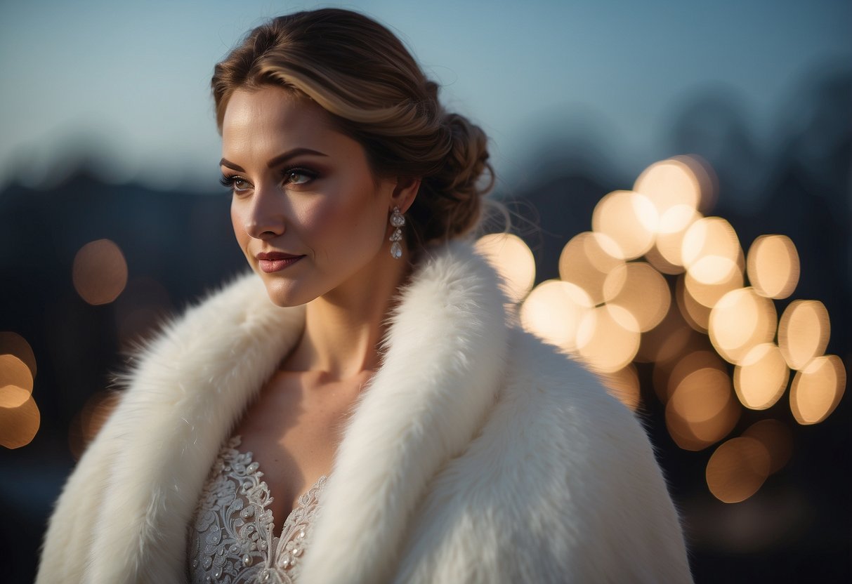 A white fur stole drapes over a flowing wedding dress jacket, adding elegance and warmth