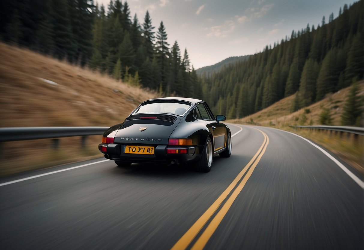 A sleek black Porsche speeds down a winding road, "Just Married" sign trailing behind. Cans tied to the bumper clatter as the car races towards the horizon