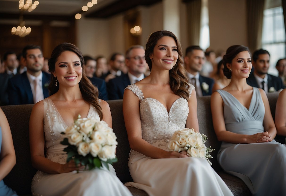 A woman in elegant attire, seated in the front row, gazes proudly at the bride. Her posture exudes grace and sophistication