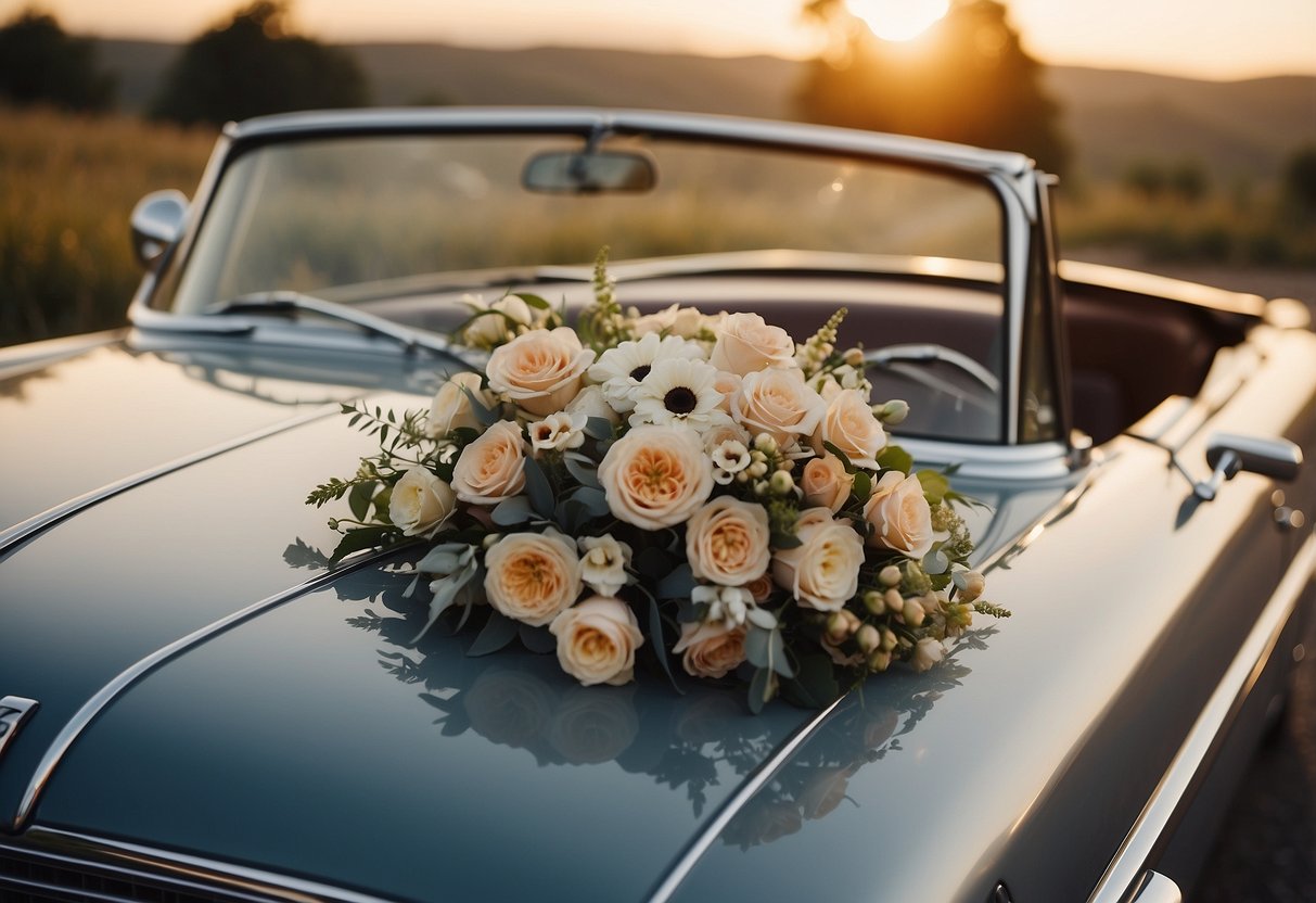 A sleek vintage convertible sits adorned with ribbons and flowers, ready for the newlyweds' grand exit. The sun sets behind a picturesque countryside backdrop