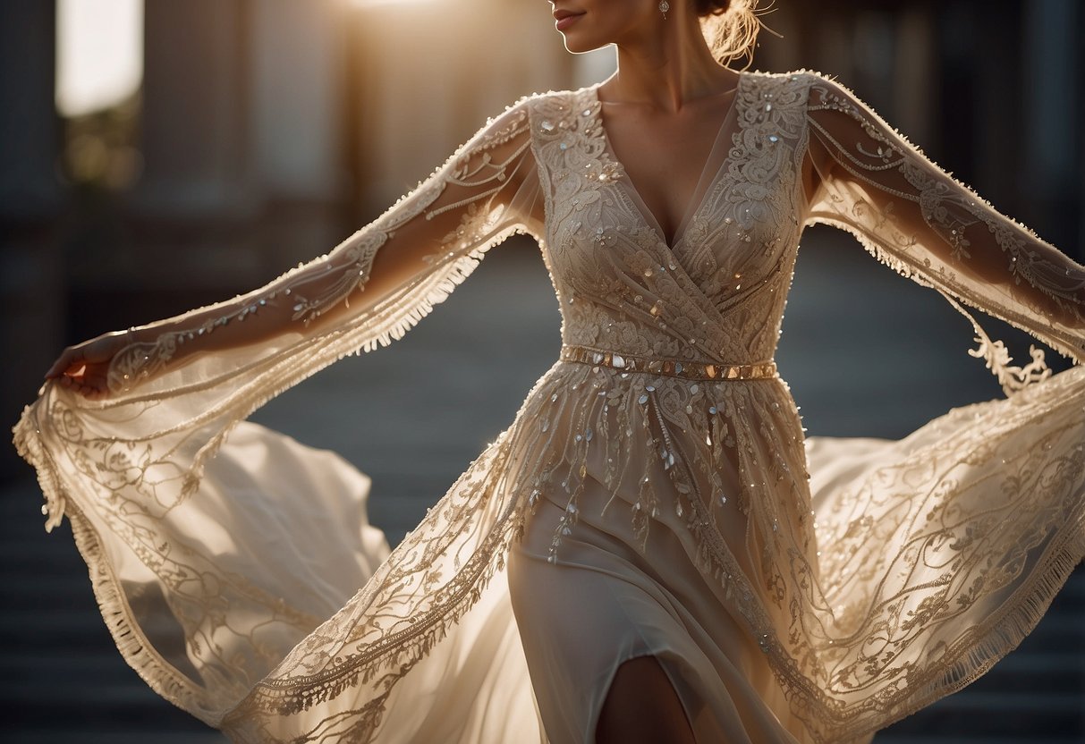 A bride twirls in a fringe wrap wedding dress jacket, with delicate beading catching the light, creating a sense of movement and elegance