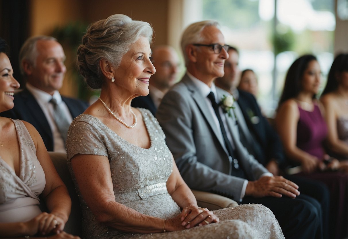 Elegant grandmother of the bride seated before the mother at a wedding