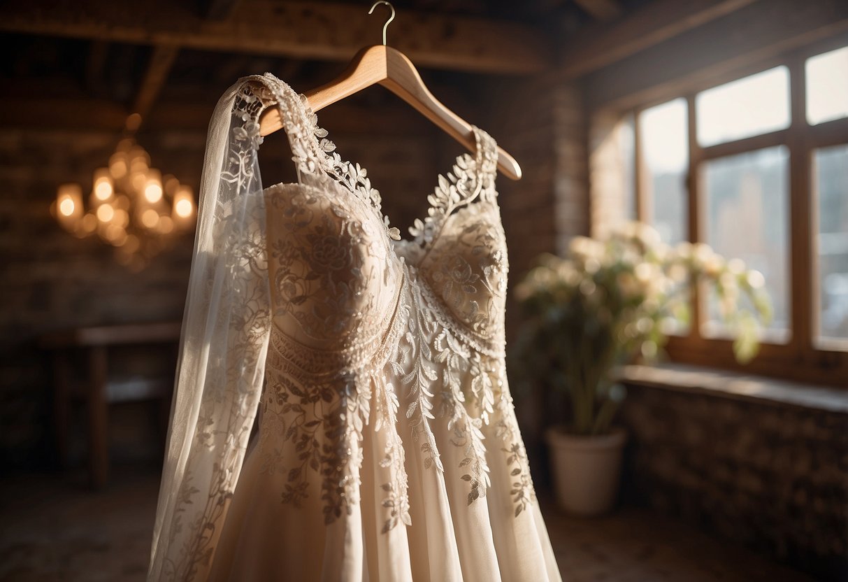 A bride admires a lace wedding dress jacket hanging on a rustic wooden hanger in a sunlit bridal boutique