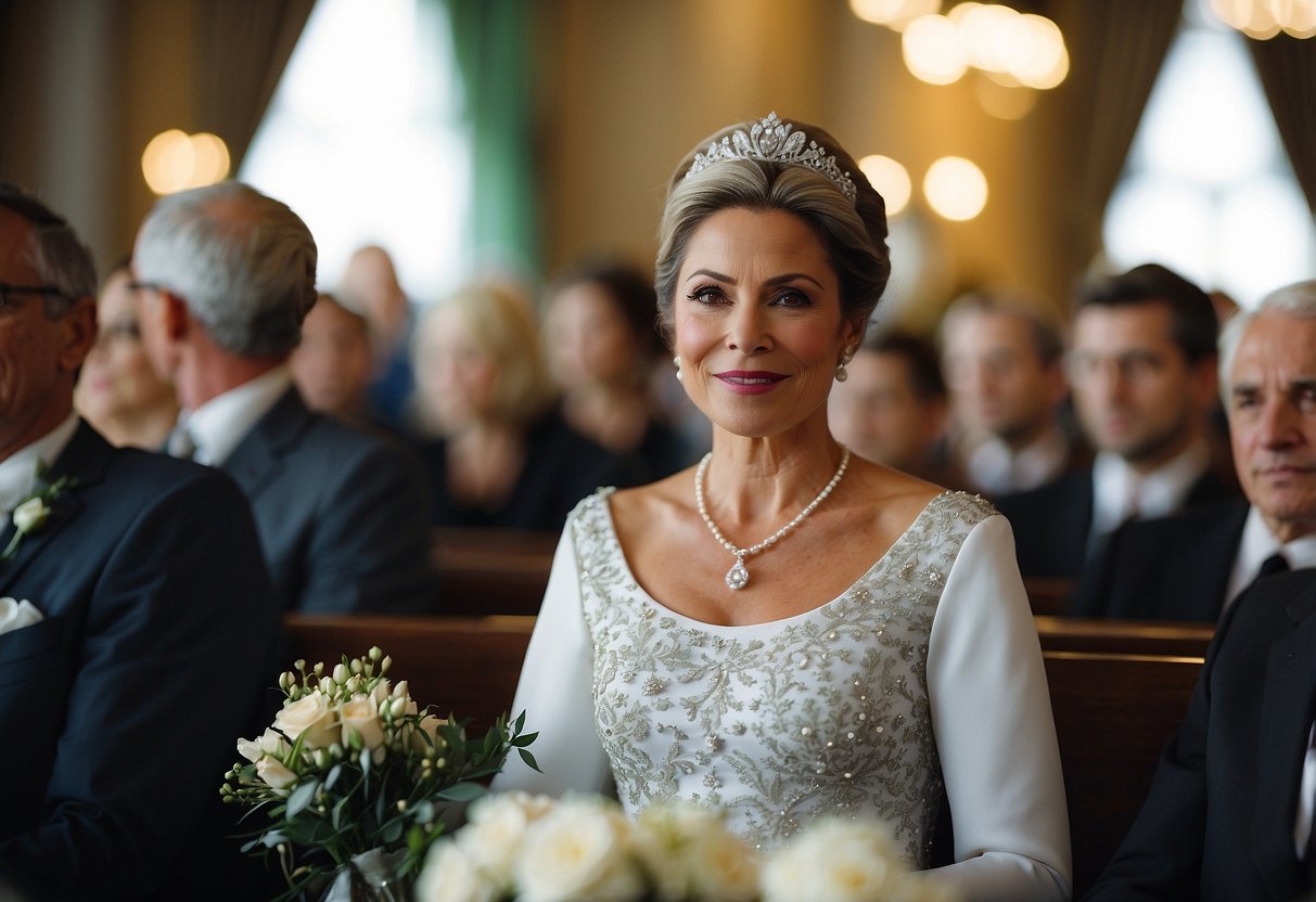 The godmother of the bride is seated before the wedding ceremony begins