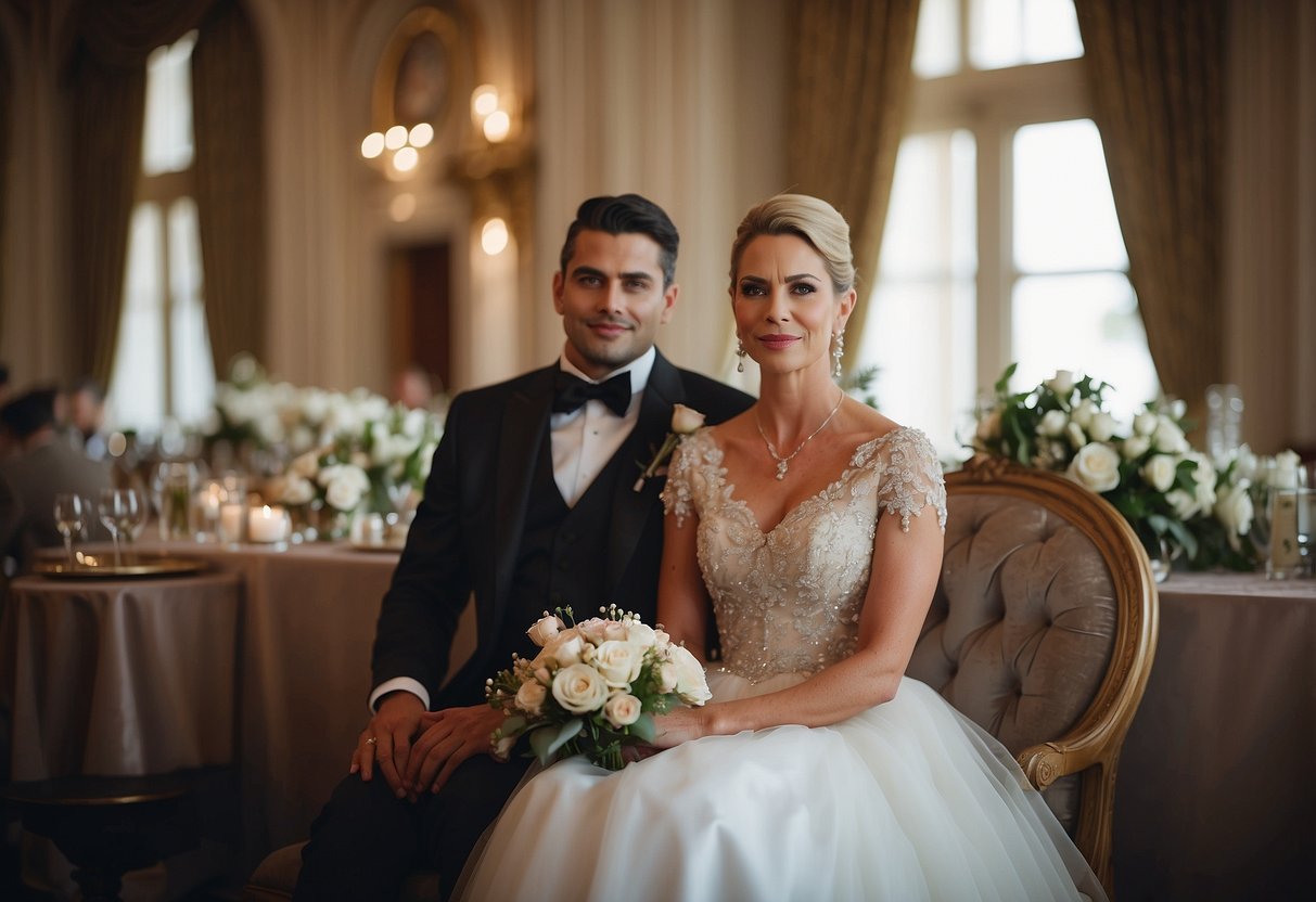 The godmother of the groom is seated first at the wedding, with a regal and dignified presence, surrounded by elegant decor and floral arrangements