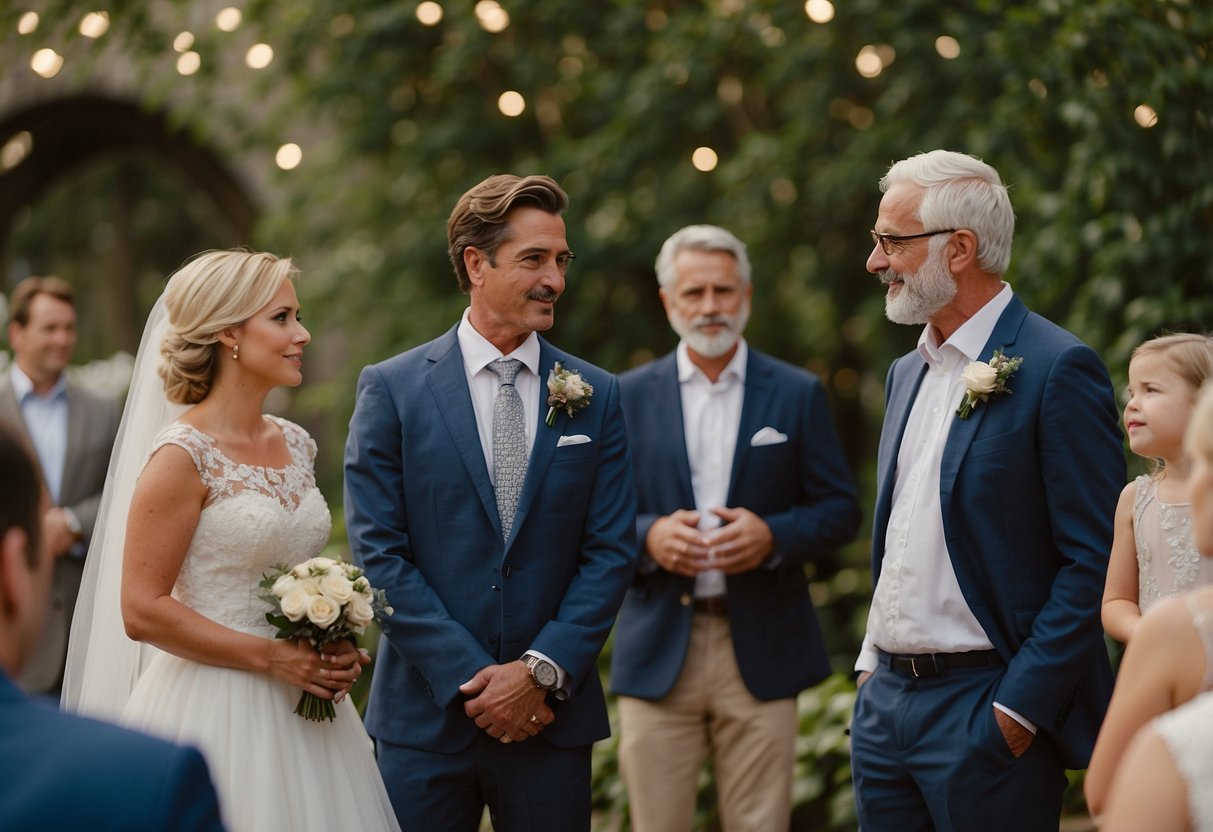 Divorced parents stand cordially apart, exchanging polite nods at their child's wedding. They maintain a respectful distance, avoiding any potential conflict