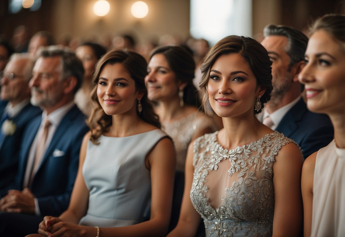 A woman in elegant attire sits in the front row, surrounded by family, as she eagerly awaits the bride's entrance at a wedding