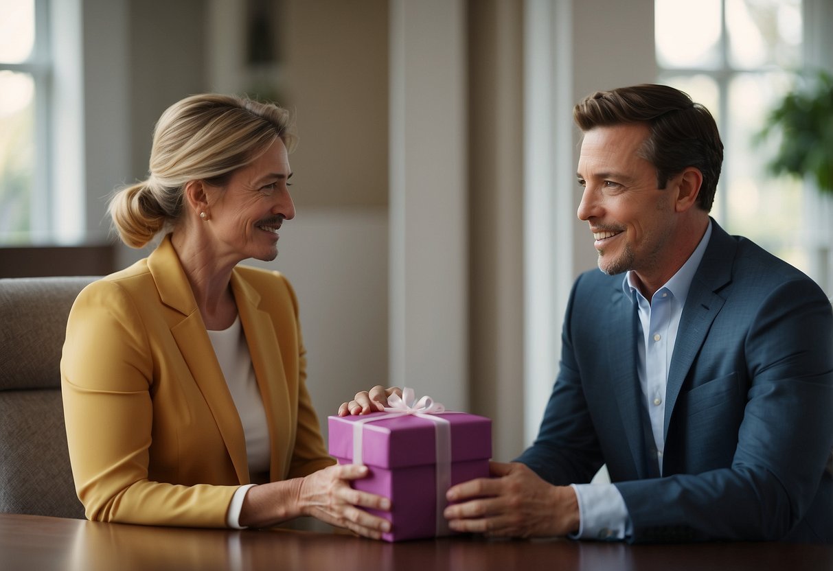 Divorced parents discuss gift etiquette for a wedding. Emphasize coordination and respect. Illustrate a conversation between exes in a neutral setting