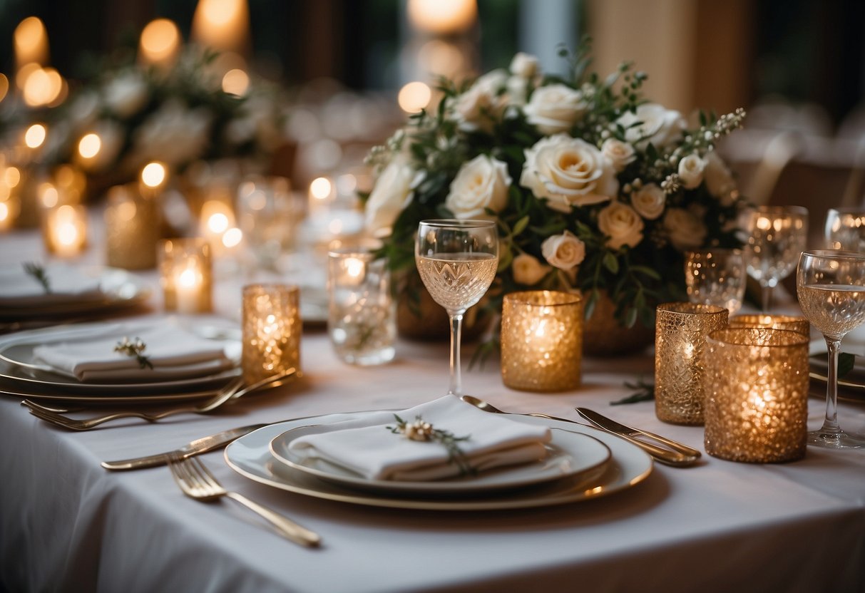 A table set with elegant place settings, surrounded by twinkling lights and floral centerpieces. A wedding budget spreadsheet sits open, with calculations and categories neatly organized