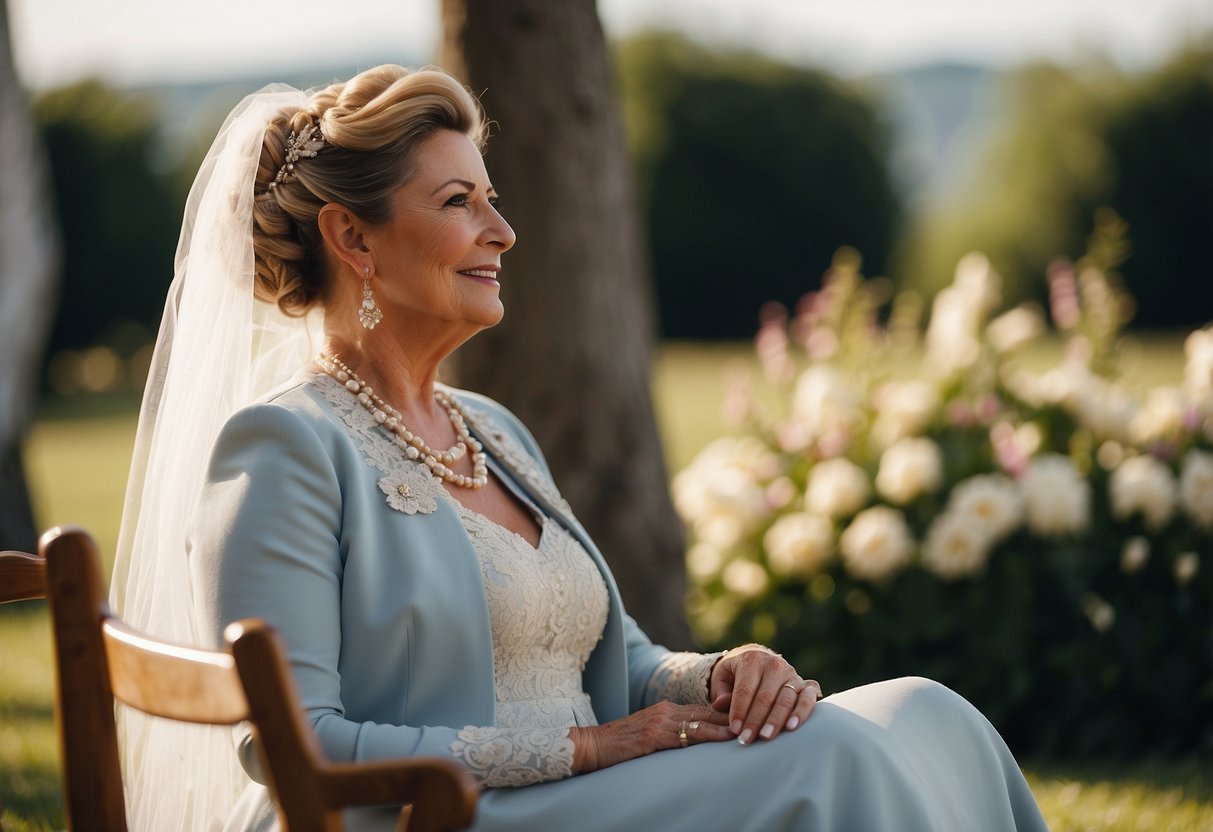 Aunt of the Groom sits before the mother at a wedding