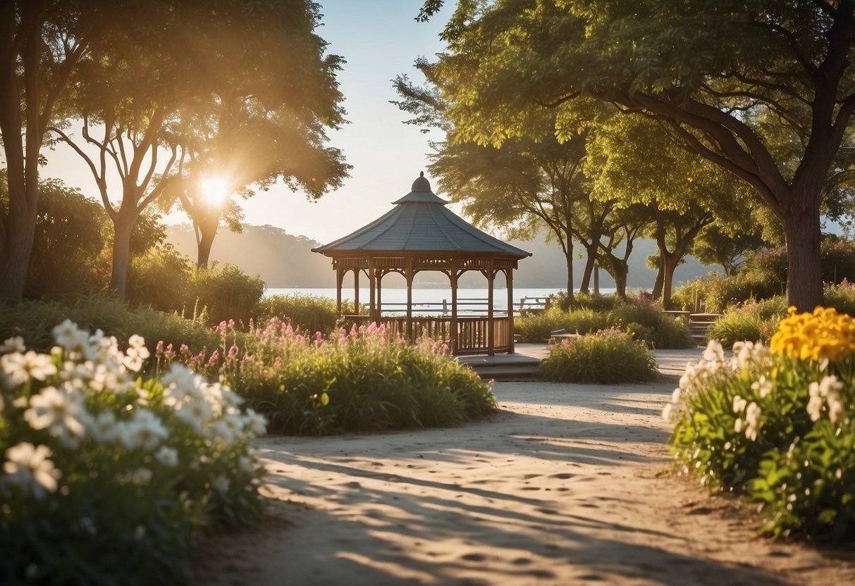 A sunny park with a gazebo, surrounded by lush greenery and colorful flowers, or a serene beach with soft sand and gentle waves