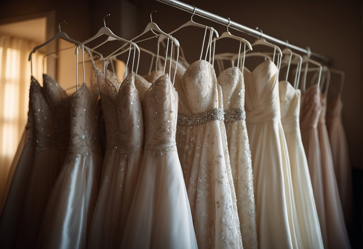 An off-the-rack wedding gown hangs on a hanger, surrounded by other dresses