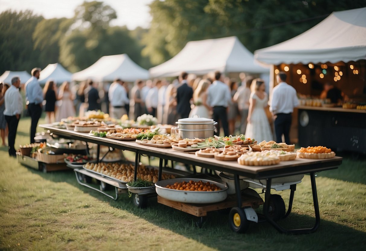 A wedding reception with food trucks and potluck setup, budget-friendly and casual atmosphere