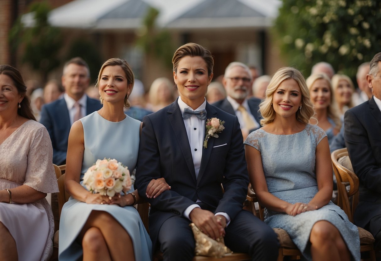 A woman in a formal dress sits in the center of a row of chairs, surrounded by family members. She is the first to be seated at a wedding ceremony