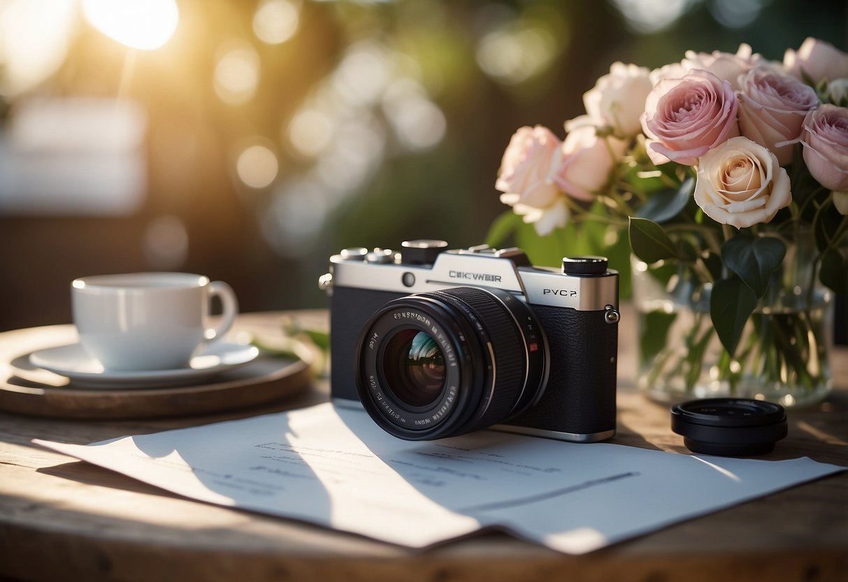 A camera on a tripod with a wedding invitation, flowers, and a budget sheet laid out on a table