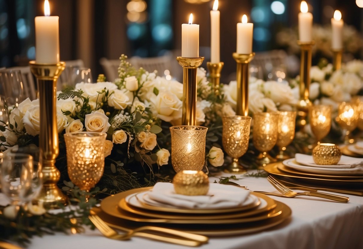 A lavish gold wedding table set with shimmering cutlery, golden candle holders, and opulent floral centerpieces