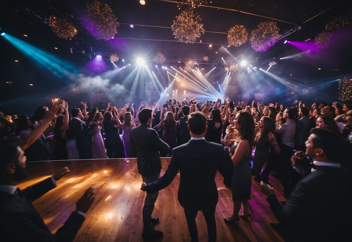 A lively wedding reception with a local band or DJ performing on a stage, surrounded by dancing guests and colorful lights