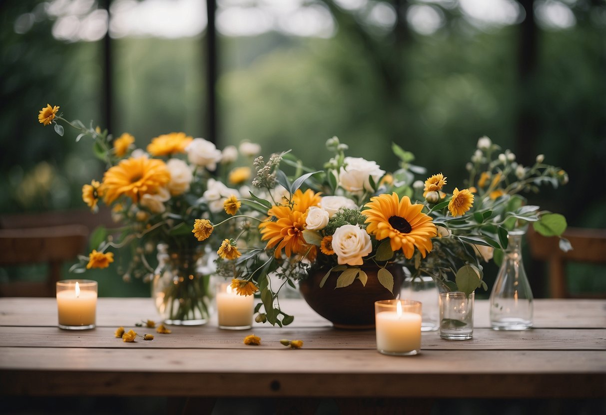 A table with various seasonal blooms in vases, scattered petals, and scattered greenery