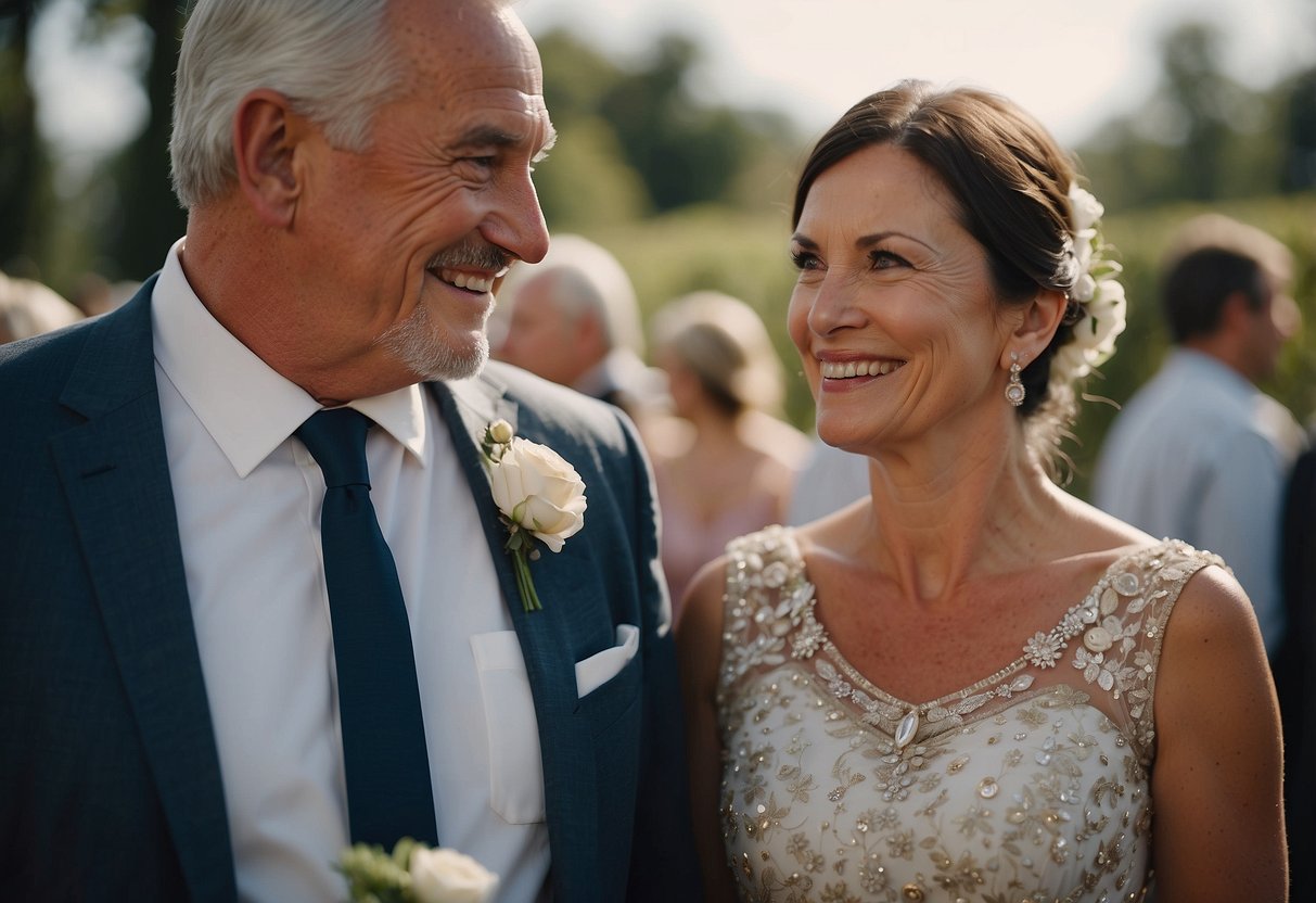 Divorced parents stand together, smiling and chatting politely at a wedding. They are dressed tastefully and appropriately, showing respect for the occasion