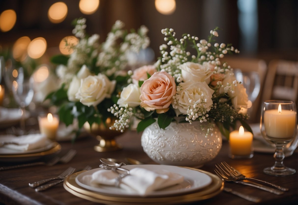 The scene features a mix of DIY and thrift store decorations, creating a charming and budget-friendly ambiance for a wedding