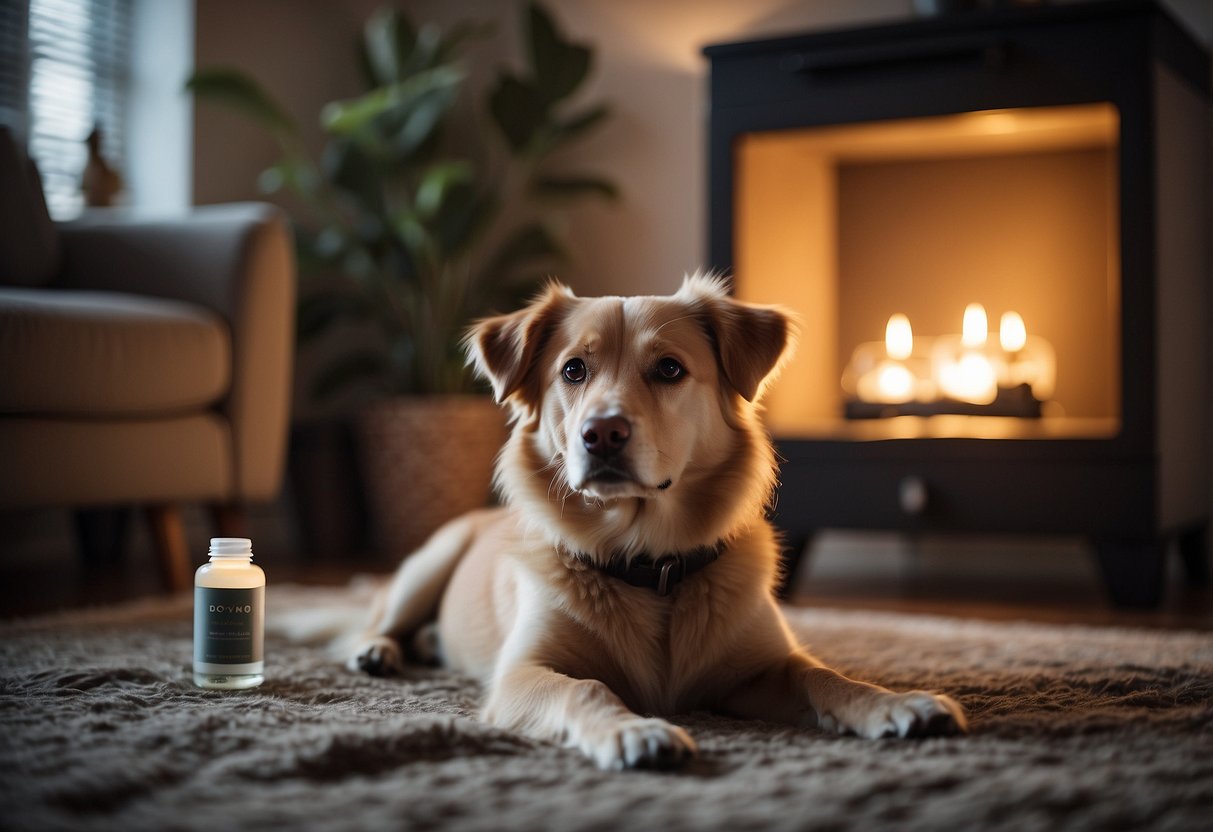 A dog lounges in a cozy room with soft lighting, surrounded by diffusers emitting calming essential oils. The air is filled with a soothing aroma, creating a peaceful and relaxing environment for the pup