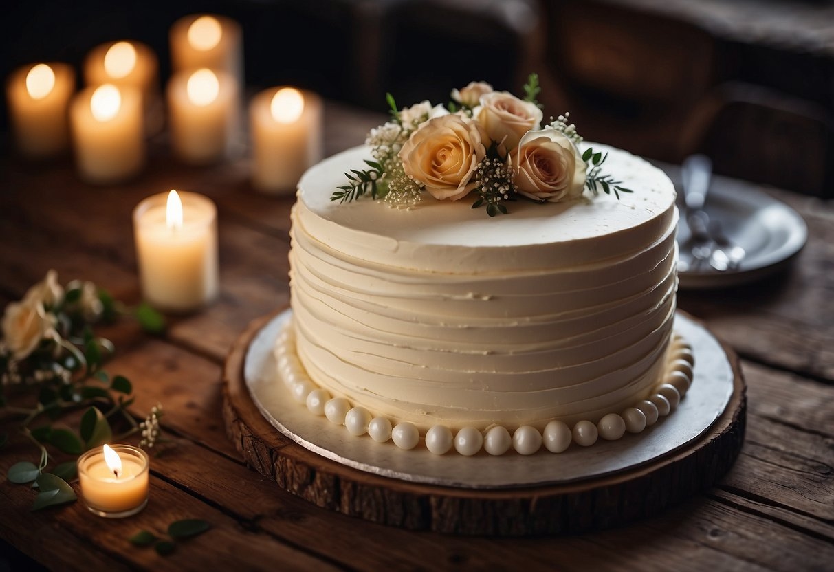 A wedding cake sits on a rustic wooden table, adorned with delicate floral decorations. The soft glow of candlelight highlights the intricate details of the homemade or locally baked masterpiece