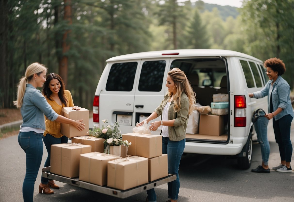 A group of people loading wedding decor and supplies into a van or carpooling together with a budget-friendly mindset