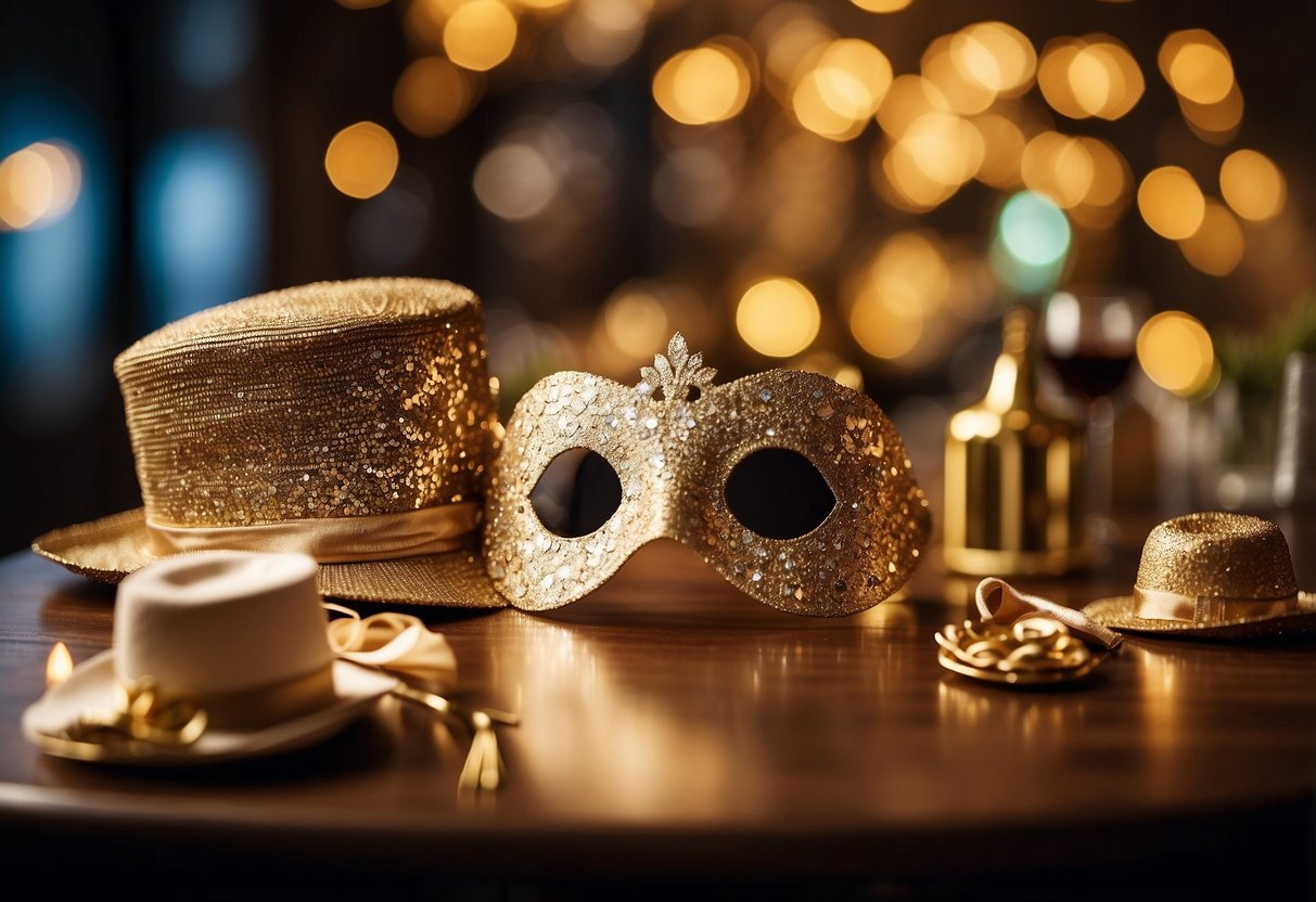 A table adorned with golden photo booth props for a wedding, including glittery hats, glasses, and signs