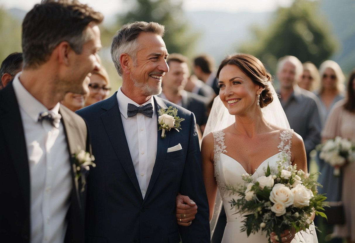 Divorced parents stand together, smiling, as they walk down the aisle separately during the wedding ceremony