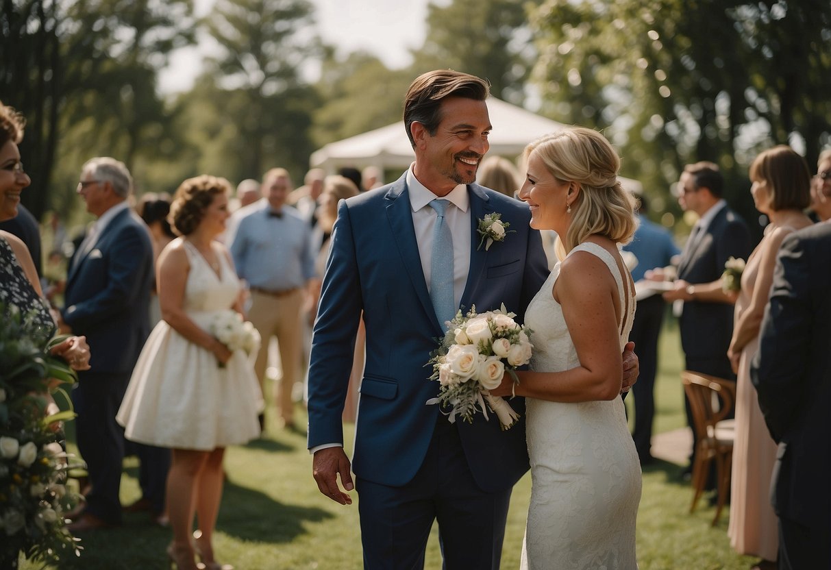 Divorced parents converse calmly at a wedding, maintaining respectful distance and polite interactions