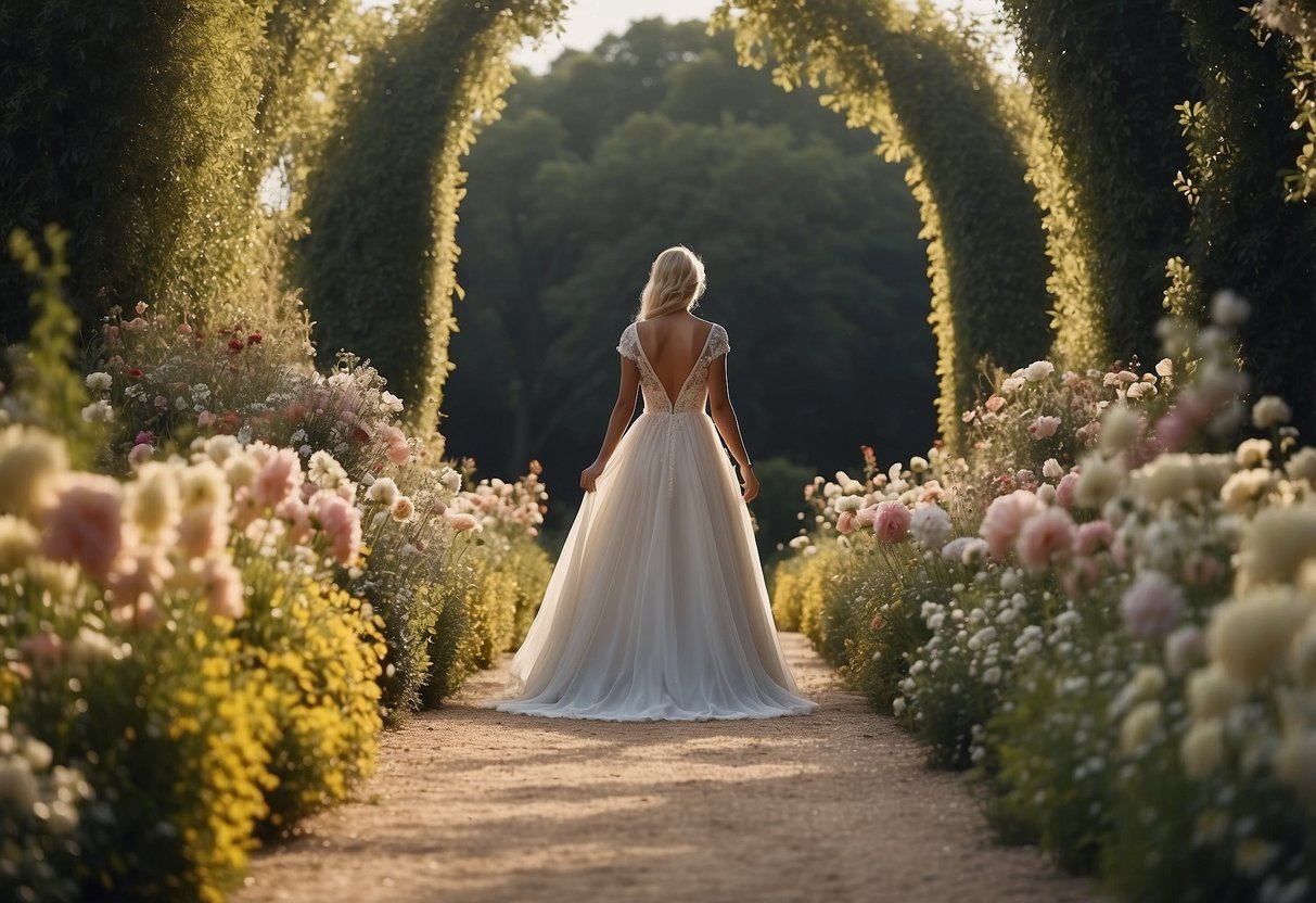 A figure in a flowing gown leads a path, lined with flowers, towards a distant altar