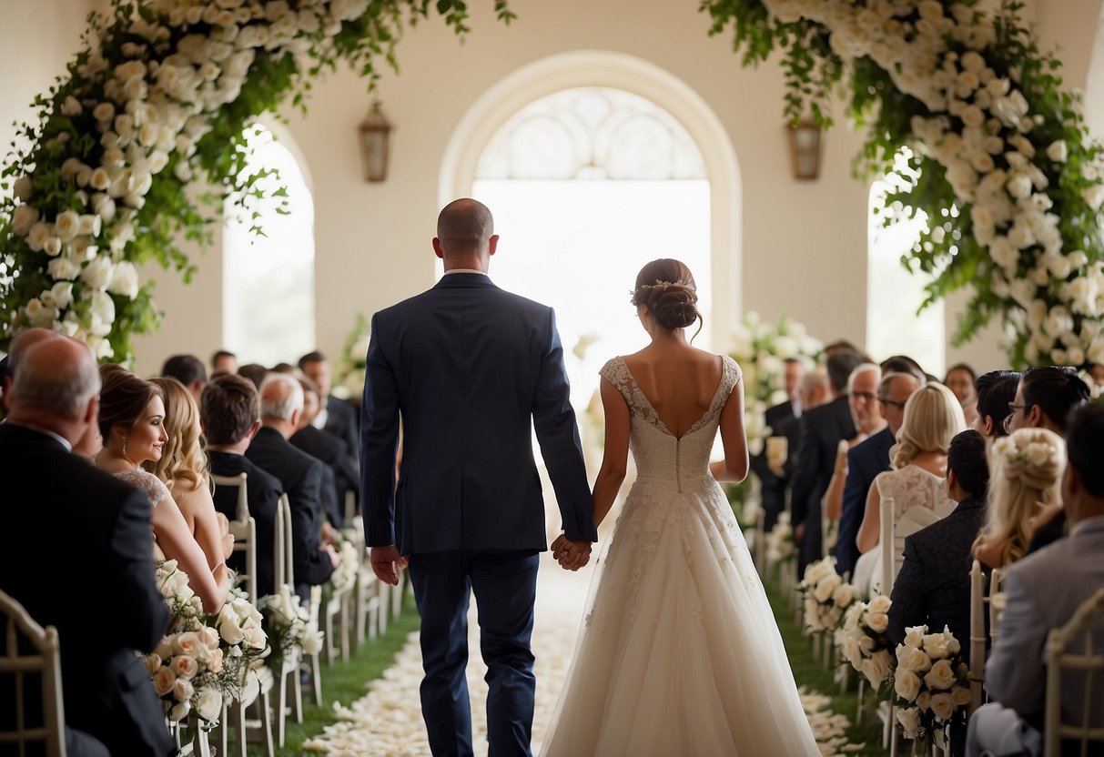 A figure walks a bride down the aisle, offering support and companionship in absence of a father