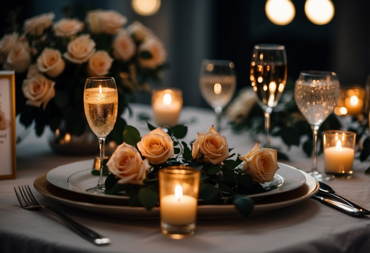 A table set with a candlelit dinner, a bouquet of roses, and a bottle of champagne. A framed photo of the couple on their wedding day sits in the center