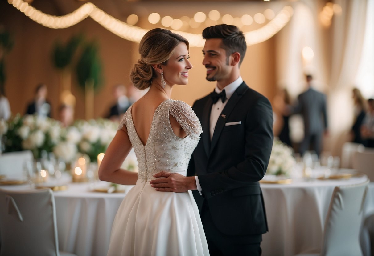 A figure stands beside a person in a white dress, symbolizing support and guidance at a wedding