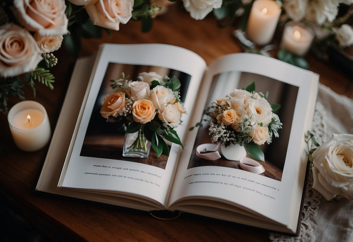 A couple's wedding photo album open on a table, surrounded by anniversary decorations and a bouquet of flowers