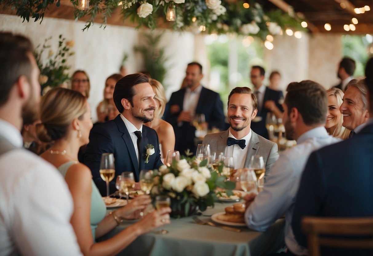 Guests mingling at a second wedding reception, offering congratulations and toasts. Decor includes elegant floral arrangements and a relaxed, celebratory atmosphere