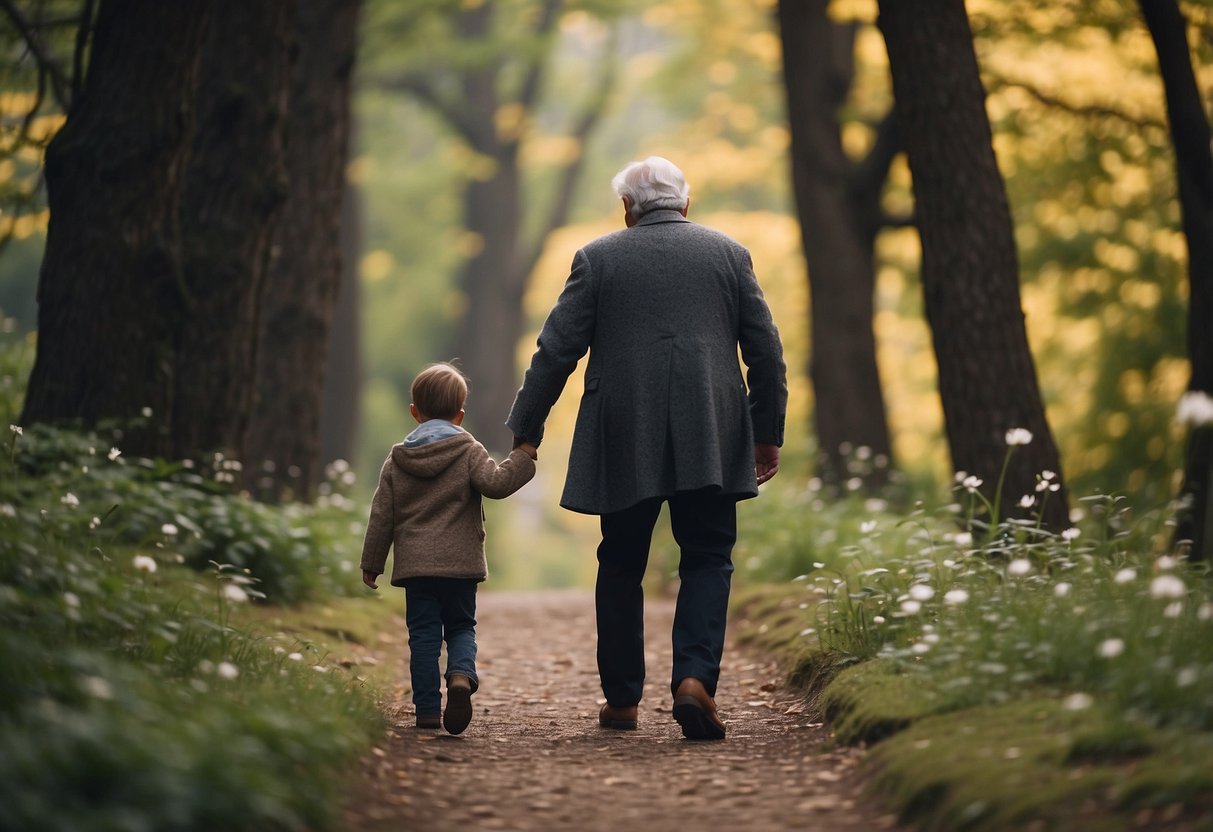 An older figure guiding a younger one along a ceremonial path