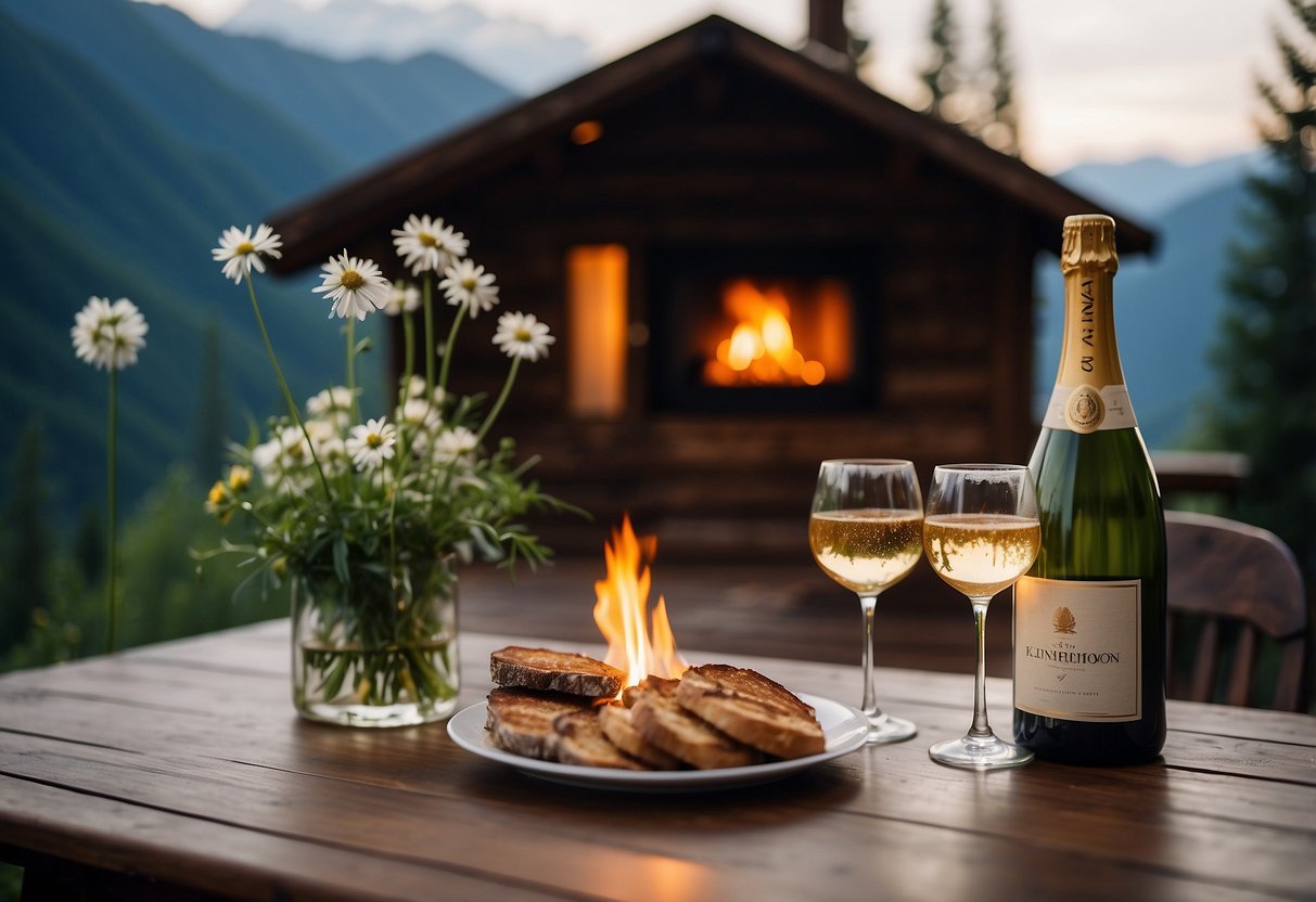 A cozy cabin nestled in the mountains, with a crackling fireplace and a hot tub on the deck. A bottle of champagne and two glasses sit on the table, surrounded by wildflowers