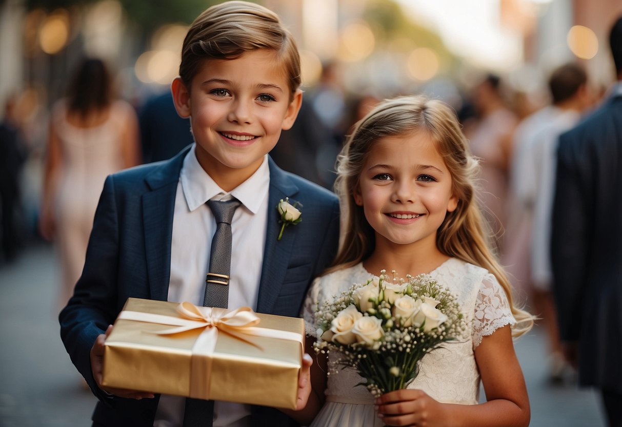 Children follow parents, present gifts, and greet guests at second wedding