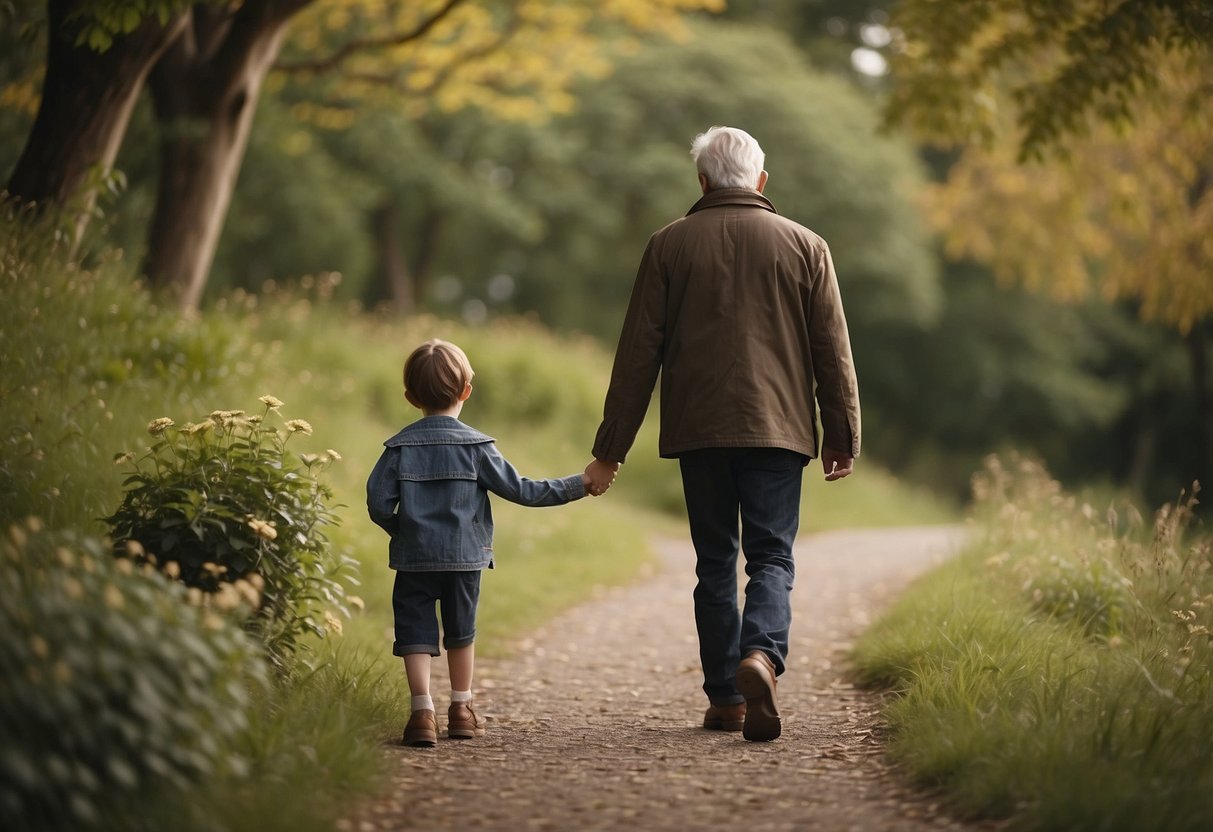 An older figure guides a young person along a path, symbolizing support and guidance in a significant moment