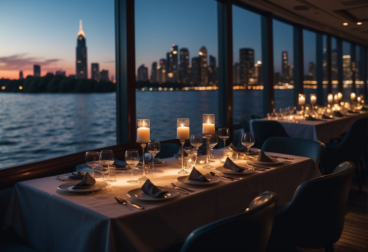 A luxurious dinner cruise on a moonlit river, with a beautifully set table, elegant decor, and a breathtaking view of the city skyline