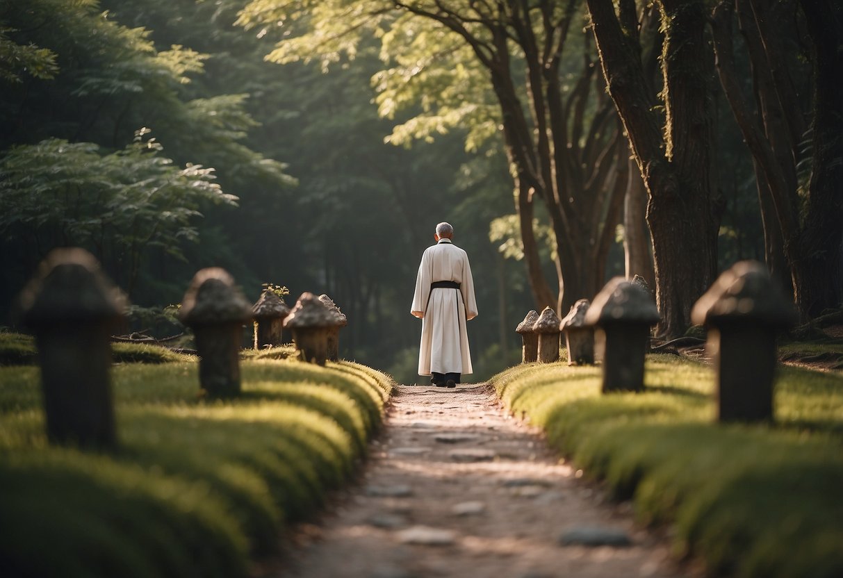 A figure guides another along a ceremonial path, offering support and guidance