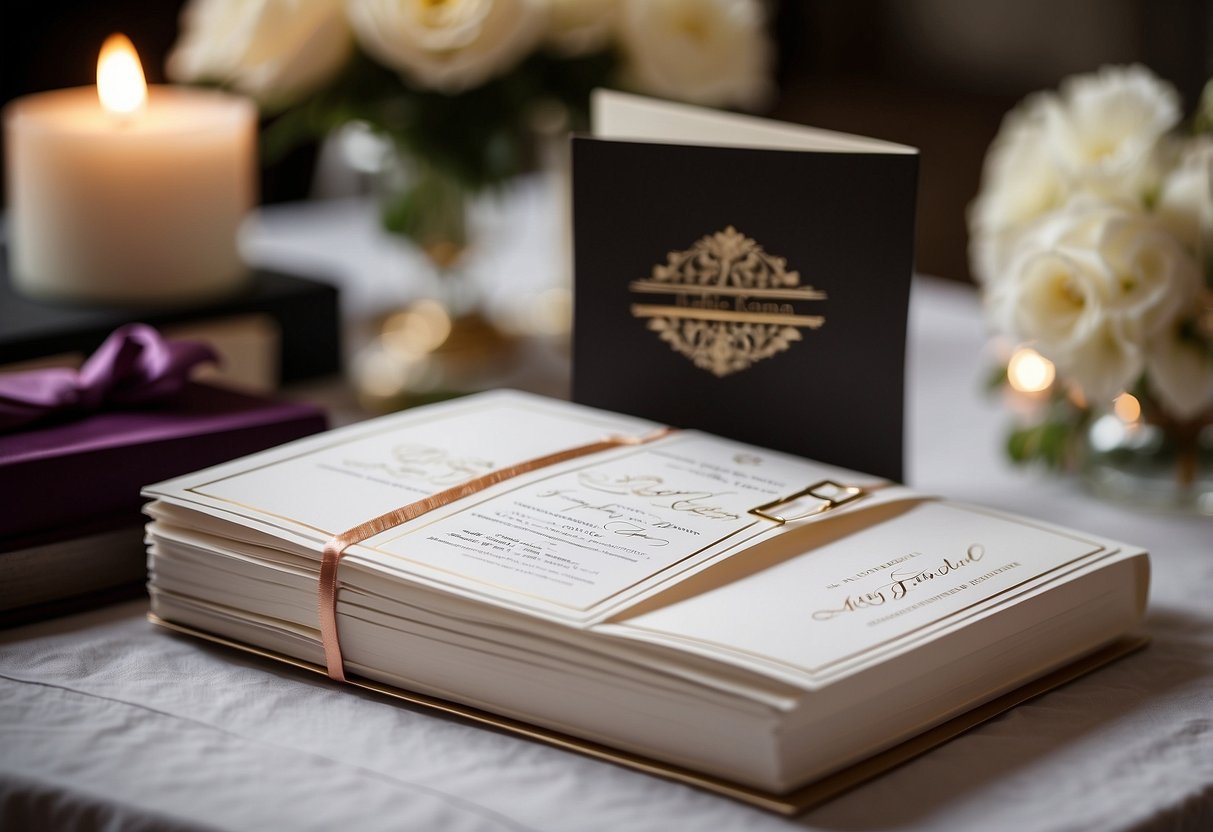 A stack of formal wedding invitations with elegant script and a second wedding etiquette guide book