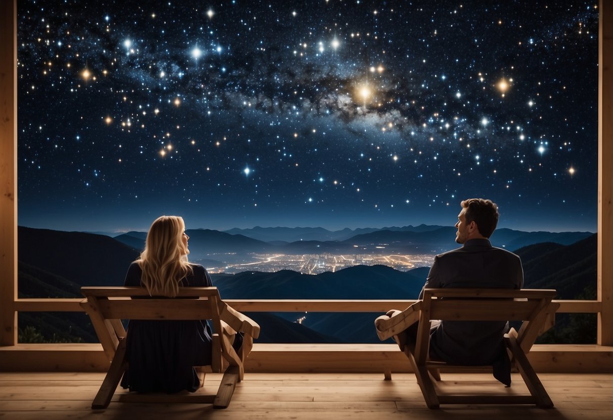 A couple sits under a starry sky, gazing at a custom star map of their wedding anniversary. The map is framed and displayed prominently