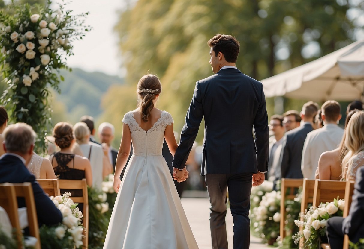 A figure guiding a young person down the aisle with a sense of love and support