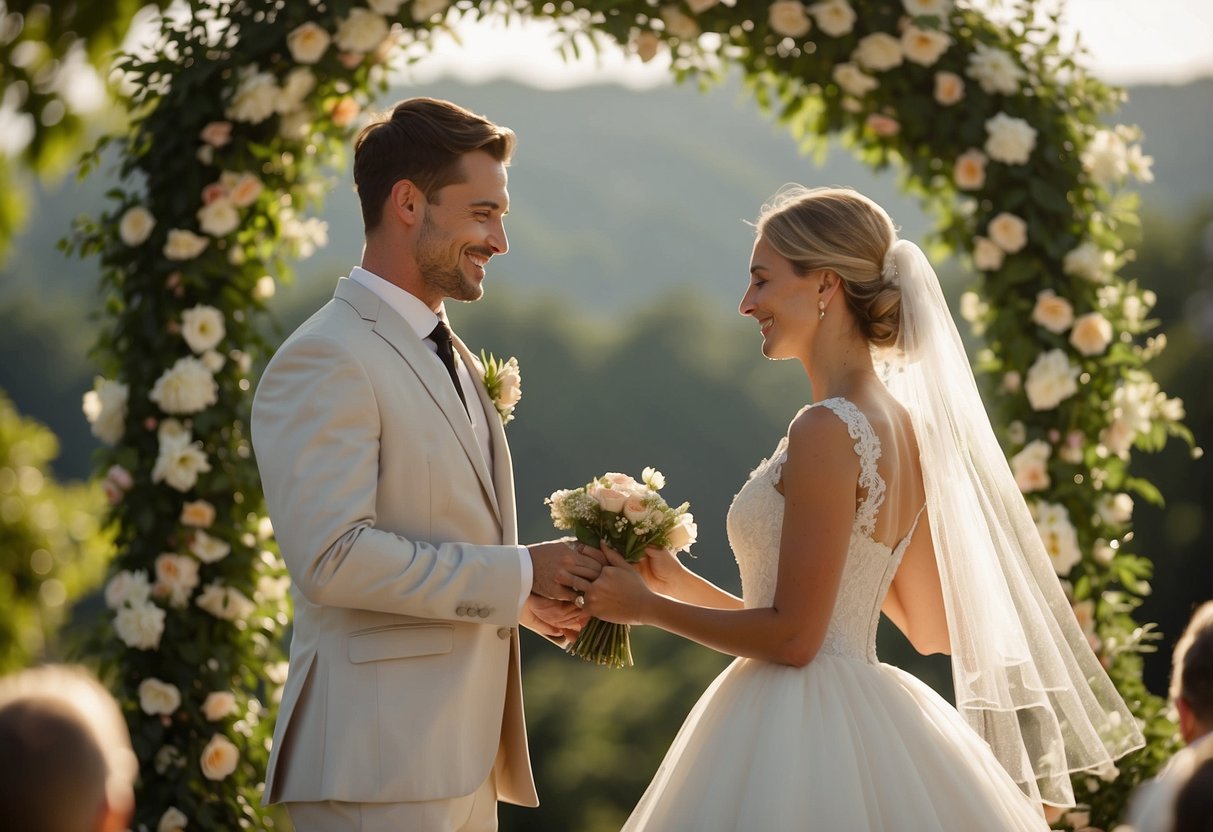 A bride and groom exchanging vows at a beautiful outdoor ceremony, surrounded by lush greenery and blooming flowers. The sun is shining, casting a warm glow over the scene